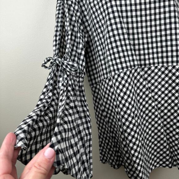 LOFT Blouse Top Plaid Gingham Check Boho Bell Sleeves Black White L Cottage Core - Picture 5 of 11